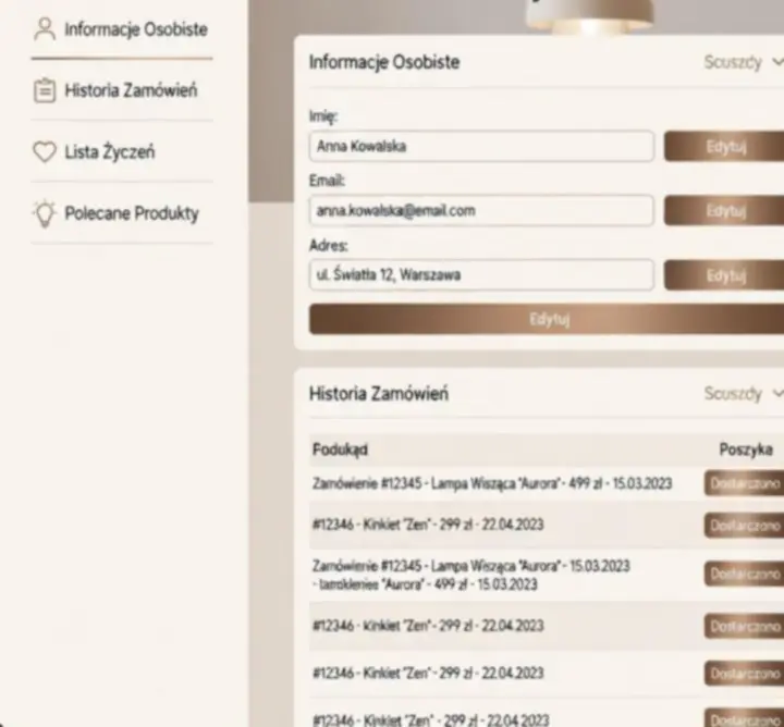 Widok nowoczesnego panelu konta klienta w Light Fixture Market
