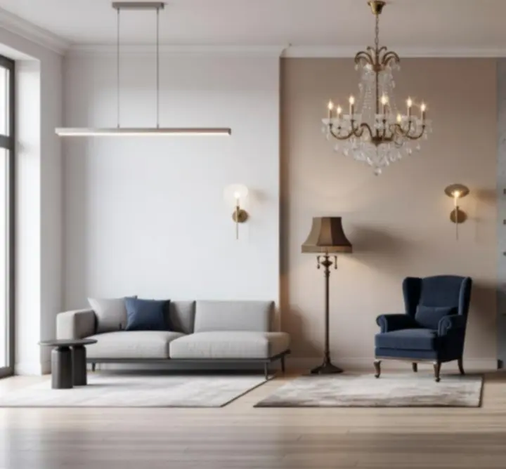 Różne style nowoczesnych lamp sufitowych w jednym wnętrzu