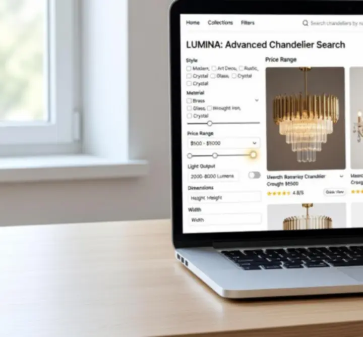 Interfejs wyszukiwania i filtrowania żyrandoli w sklepie internetowym