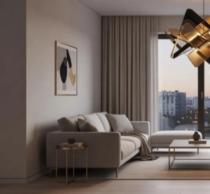 Elegancko oświetlone, nowoczesne wnętrze z dekoracyjnymi lampami z Light Fixture Market