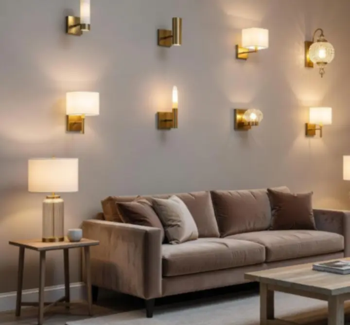 Nowoczesne lampy ścienne w eleganckim, jasnym salonie